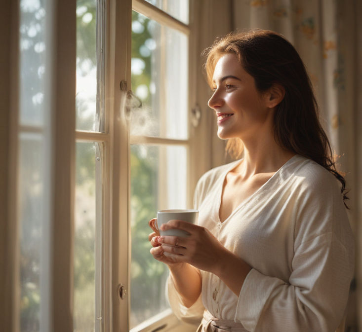 A woman by a sunlit window, savoring a cup of coffee, smiles serenely, finding solace in the moment's tranquility.