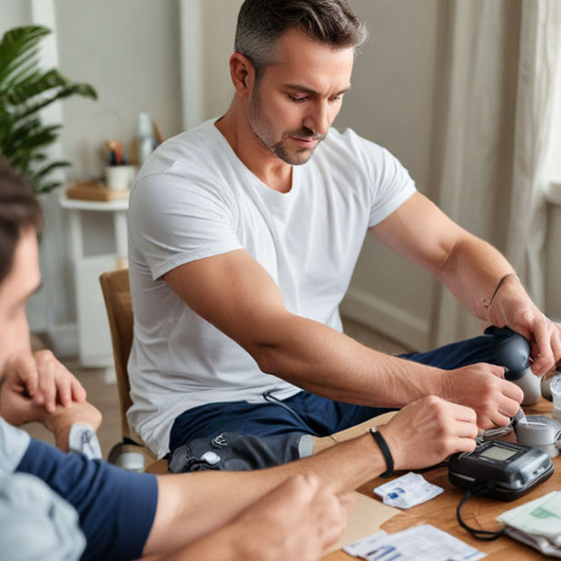 A man checks his own blood pressure at home, surrounded by health reminders and relaxation items.
