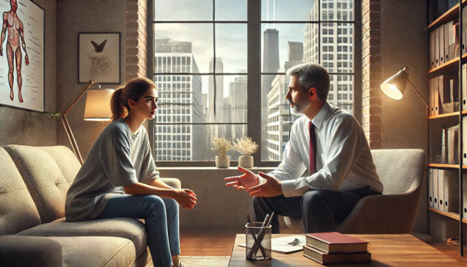 A compassionate psychiatrist talking to a patient in a modern Chicago office.