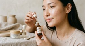 Close-up of healthy glowing skin with skincare products like serums and creams