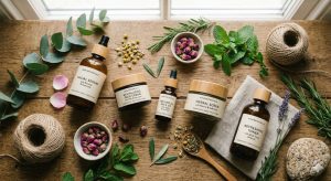 A flat lay of natural skincare products with green leaves, glass bottles and herbal ingredients