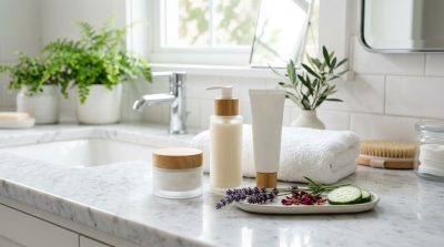 A clean and elegant skincare scene featuring moisturizer, gentle cleanser, sunscreen, fresh towels, and natural botanical elements on a bright bathroom counter